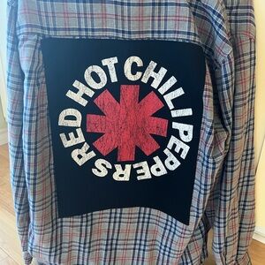 Upcycled flannel with Red Hot Chili Peppers patch
